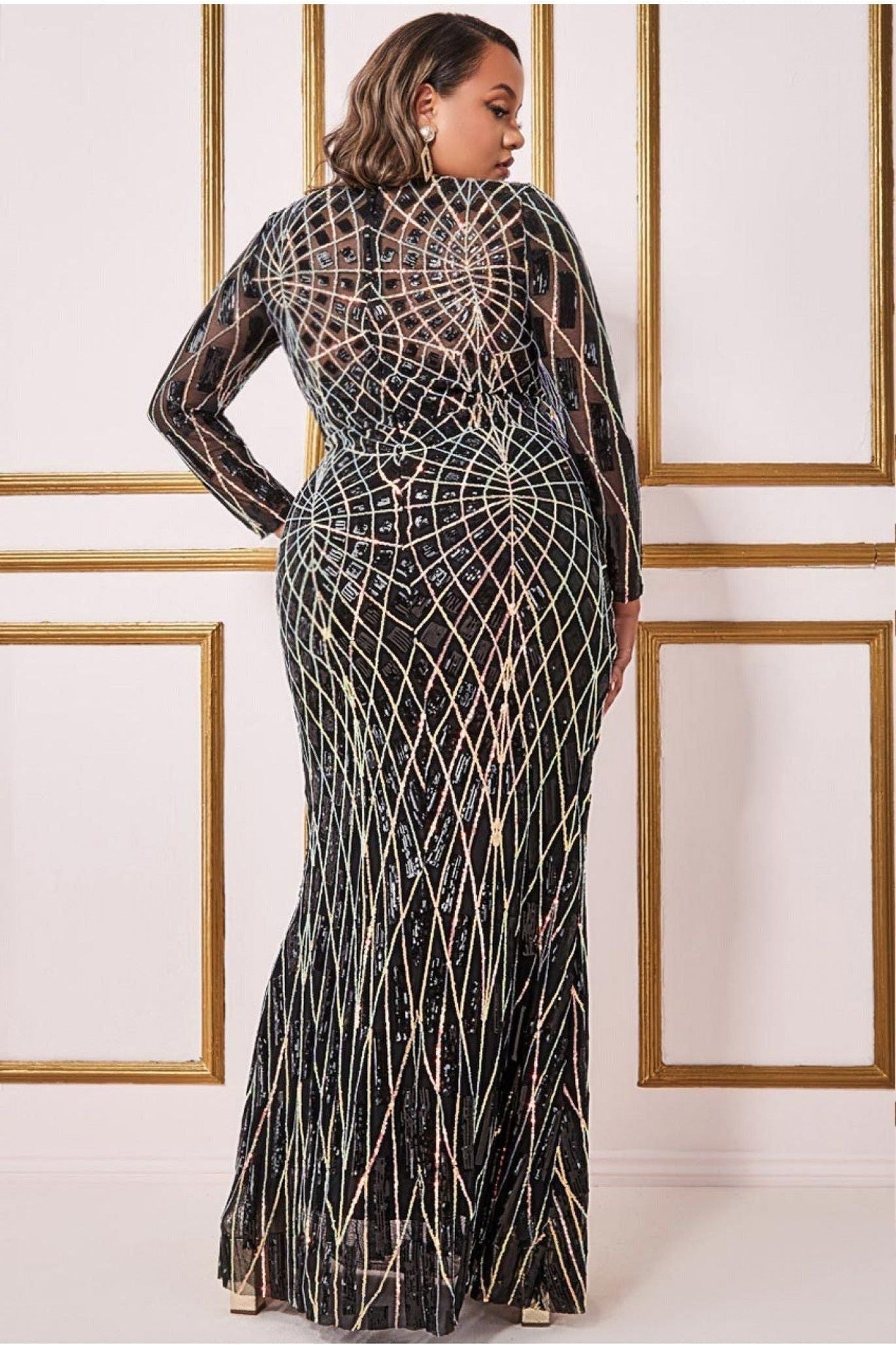 Geo Sequin Long Sleeve Maxi Dress - Black DR3495P