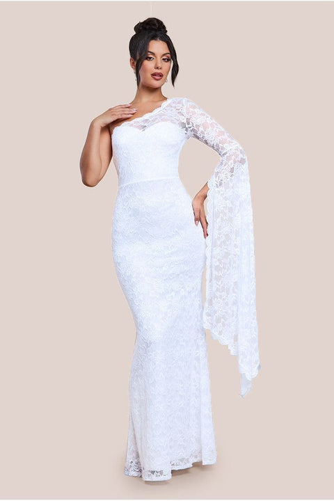 One Shoulder Scalloped Neck Maxi Dress - White by Goddiva
