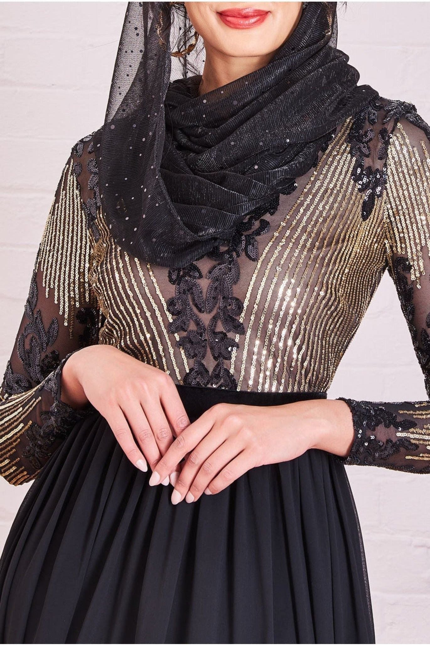 Modesty Sequin Mesh Bodice Maxi Dress - Black DR3453MOD