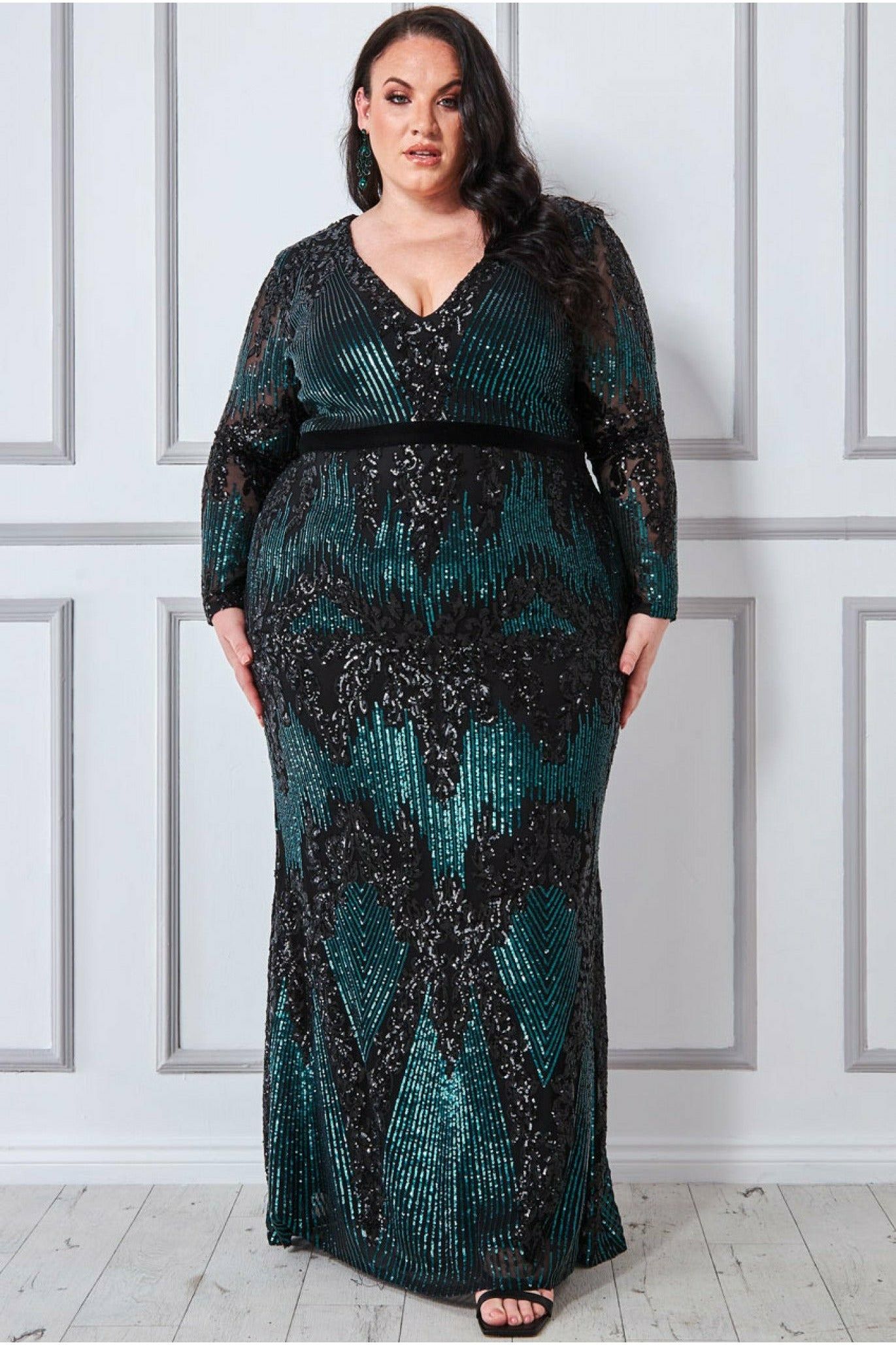 Long Sleeve Sequin Evening Maxi - Emerald DR3016P