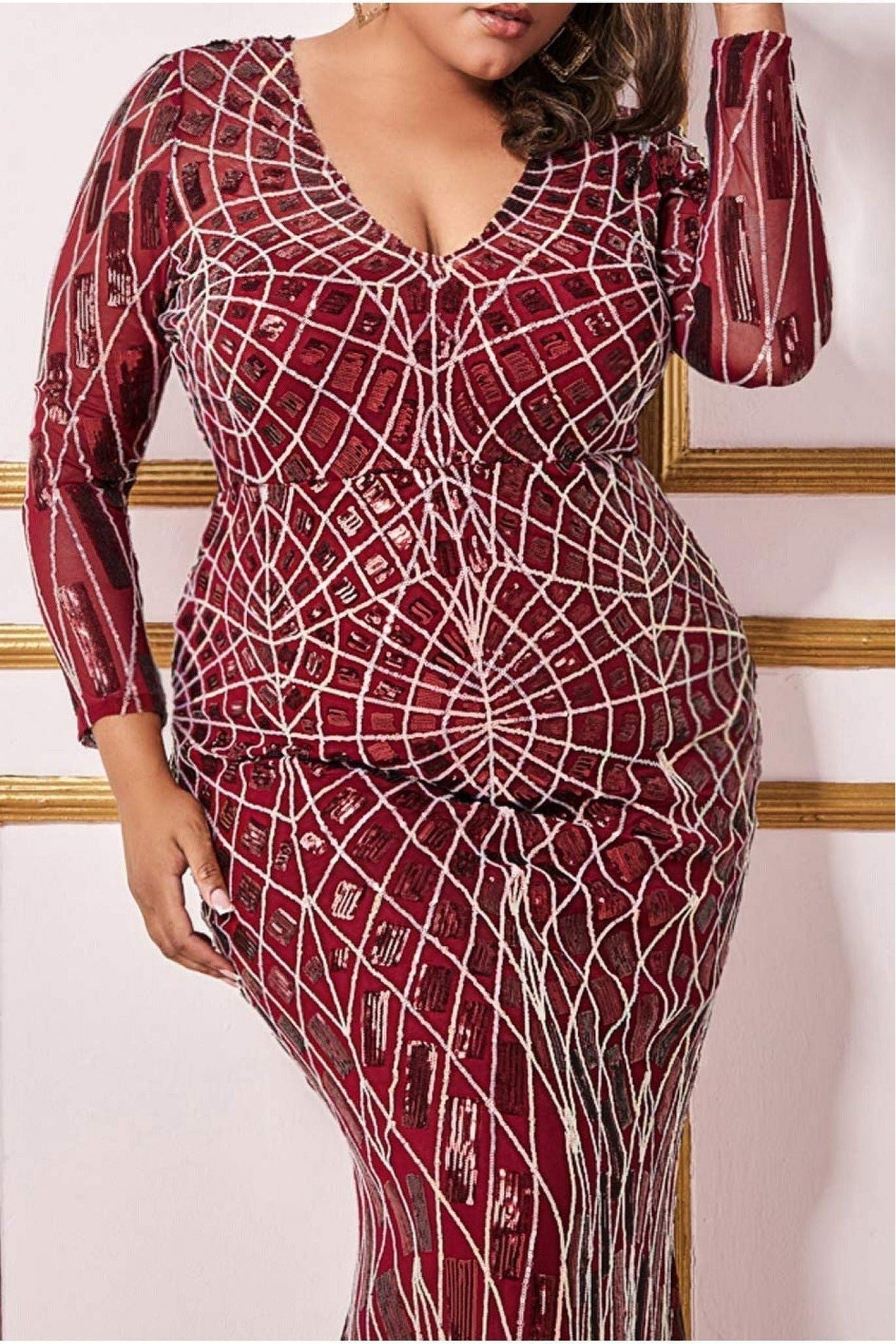 Geo Sequin Long Sleeve Maxi Dress - Wine DR3495P