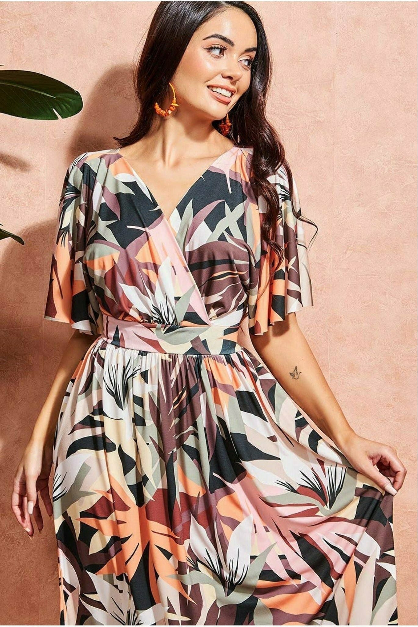 Leaf Print Midi With Flutter Sleeves - Brown Print DR3658