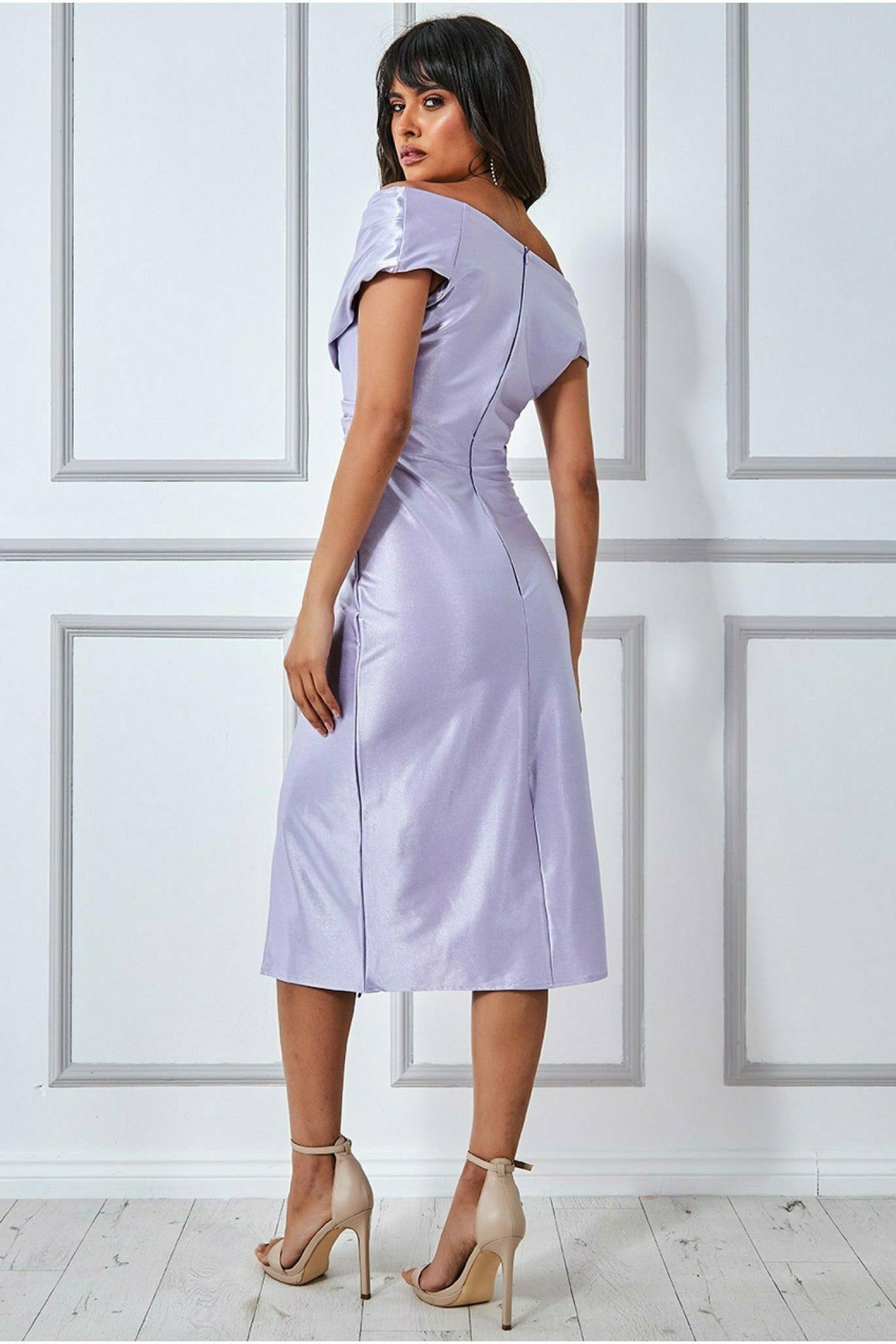 Cowl Neck Bardot Satin Midi Front Split - Lilac DR3587