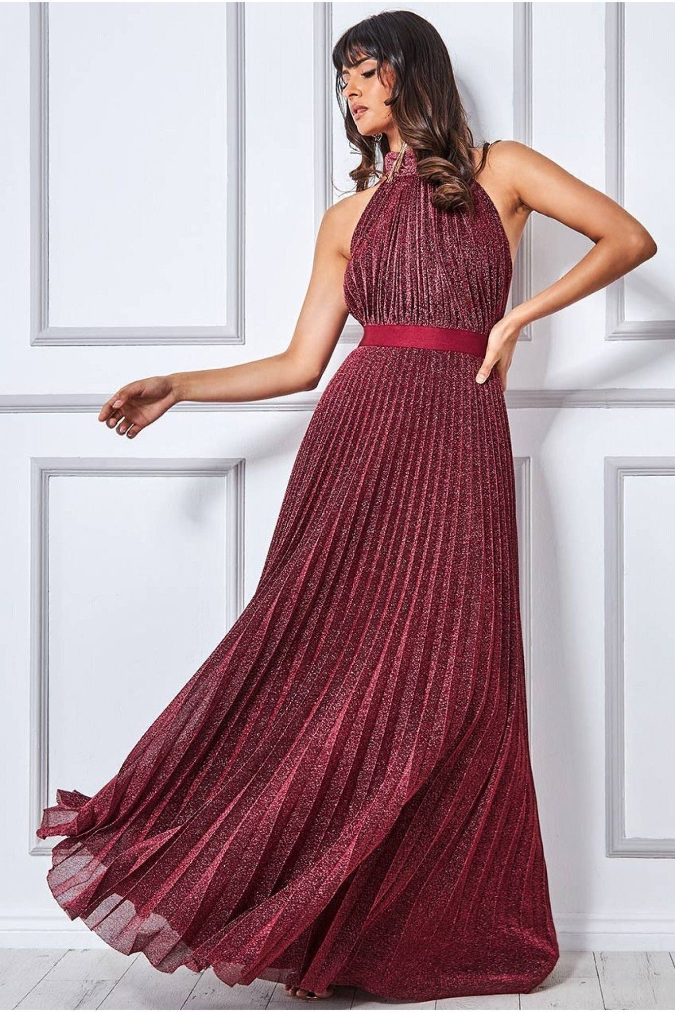 Lurex Halterneck Pleated Maxi Dress - Wine DR3429