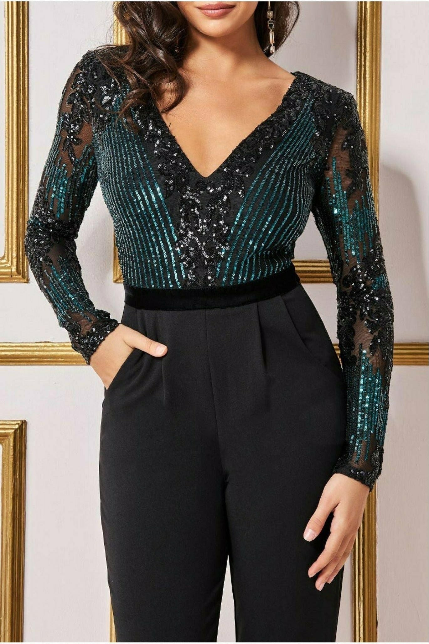 Sequin & Mesh Jumpsuit - Emerald Green TR289