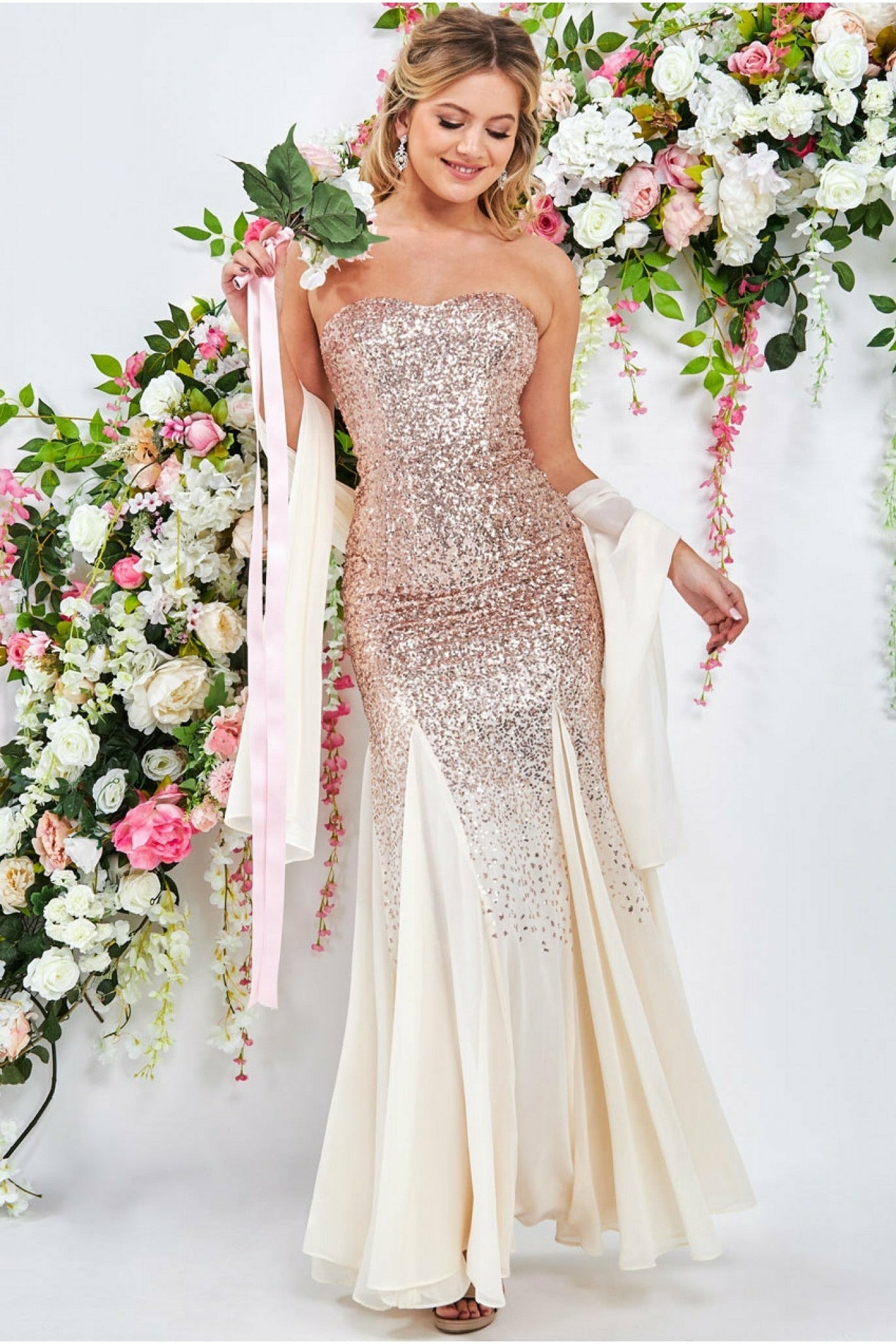 Goddiva Bandeau Sequin Chiffon Maxi With Scarf - Champagne