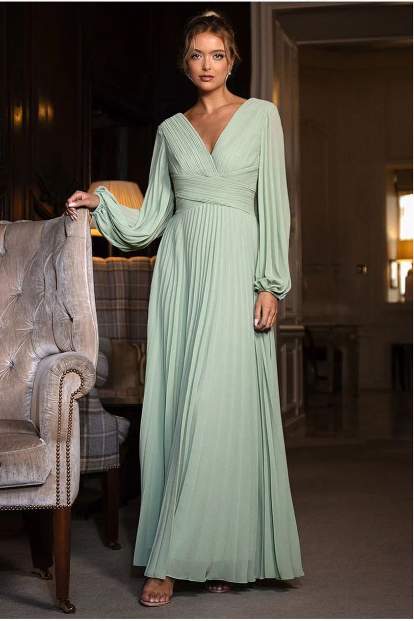 Balloon Sleeve Chiffon Maxi Dress  - Sage Green DR3041QZ