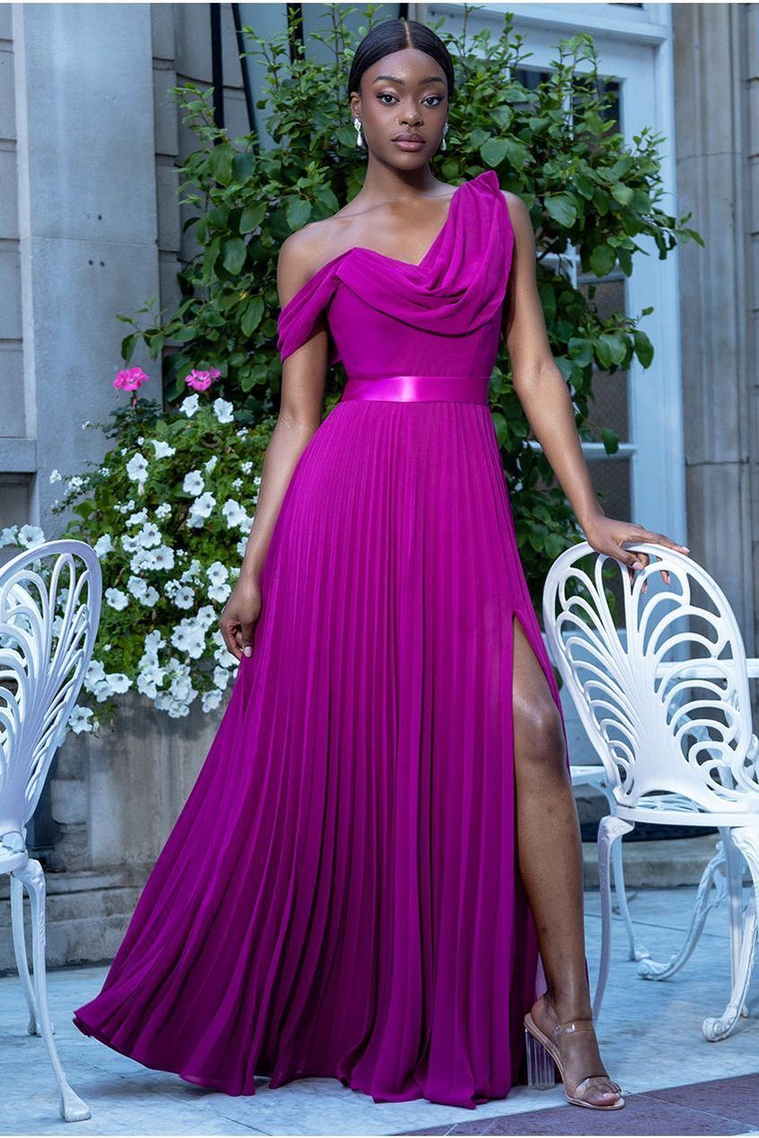 Cowl Neck One Shoulder A Line Chiffon Maxi Dress - Magenta DR4506