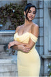 Chiffon Bardot Cowl Neck Maxi Dress - Lemon by Goddiva
