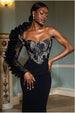 One Shoulder Organza  Fan Detail Lace Bodice Midi Dress - Black by Goddiva