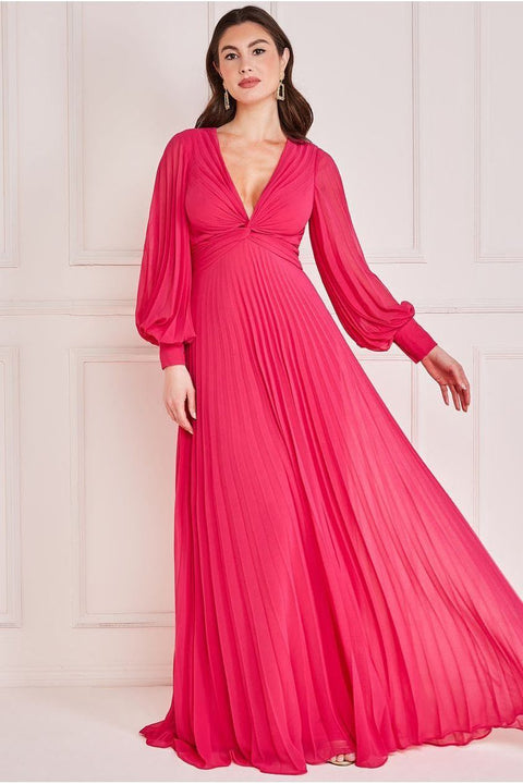 Fully Pleated Chiffon Maxi Dress - Hot Pink by Goddiva