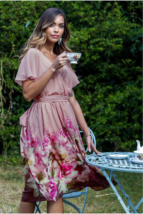 Chiffon Floral Border Print Midi Dress - Blush by Goddiva