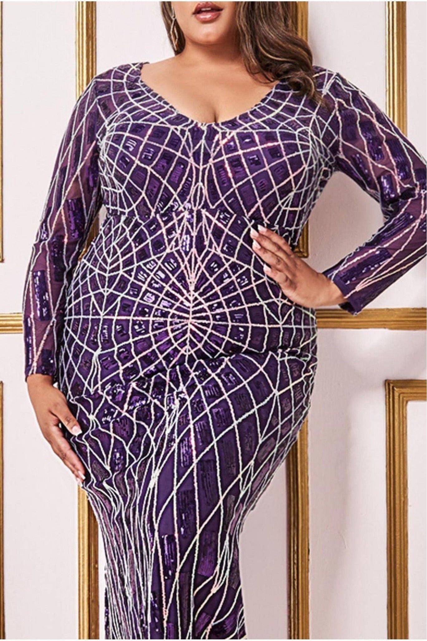 Geo Sequin Long Sleeve Maxi Dress - Purple DR3495P