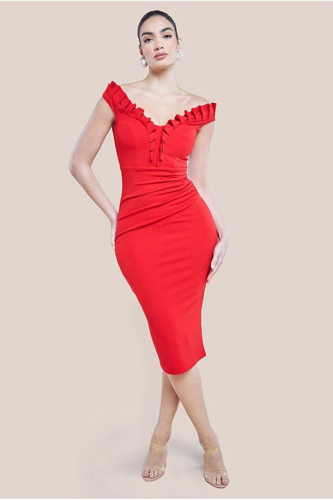 Off The Shoulder Frill Bodice Midi Dress - Red by Goddiva