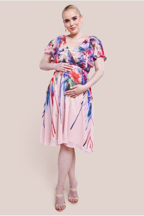 Maternity Flutter Sleeve Floral Bodice Midi Dress - Blush by Goddiva
