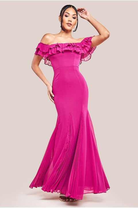 Frilled Off The Shoulder Pleated Chiffon Maxi Dress - Magenta by Goddiva