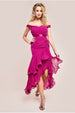 Pleated Bardot High Low Tier Chiffon Midaxi Dress - Magenta by Goddiva