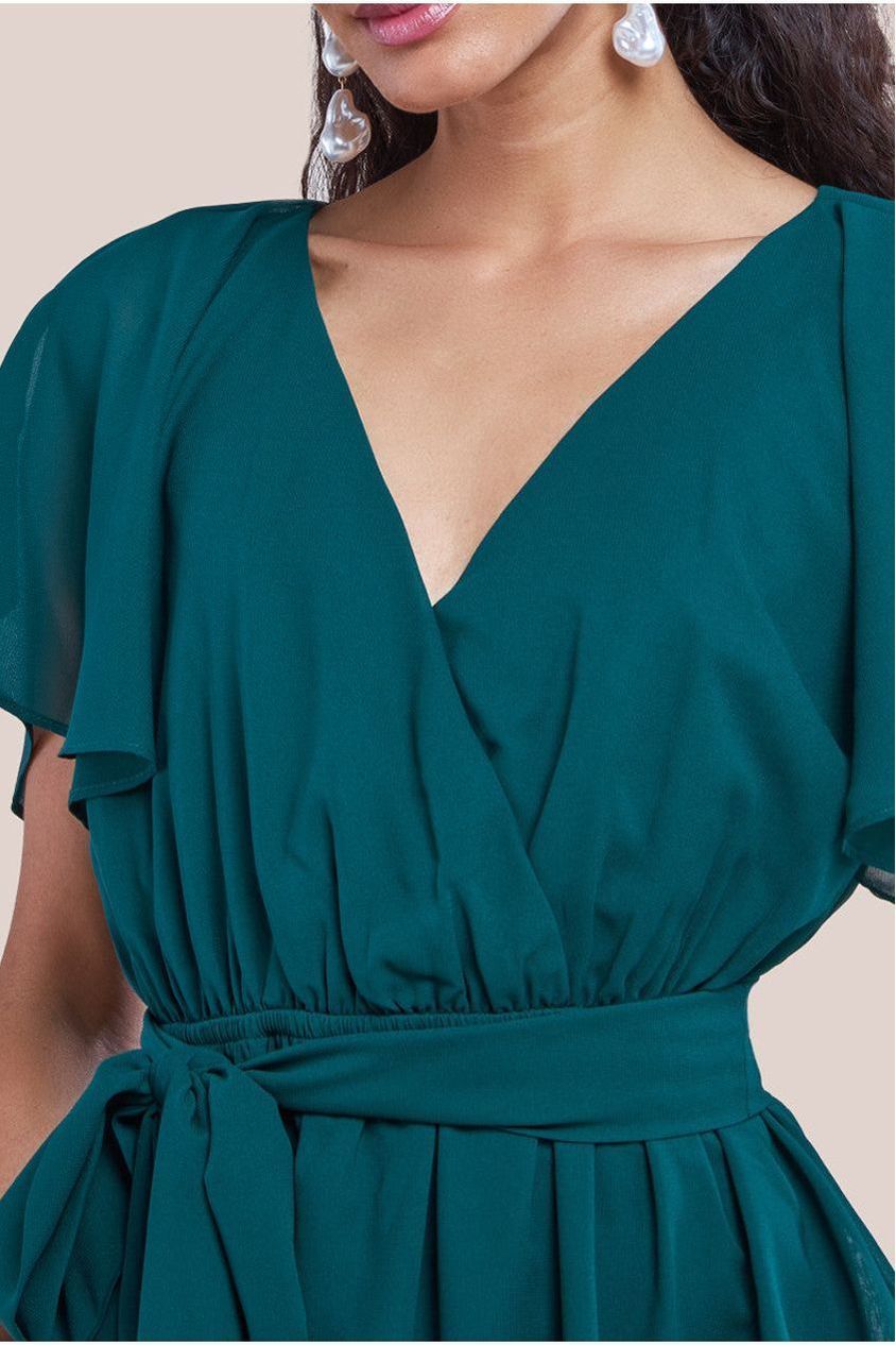 Sustainable Flutter Sleeve Chiffon Wrap Midi Dress - Green DR2555BBS