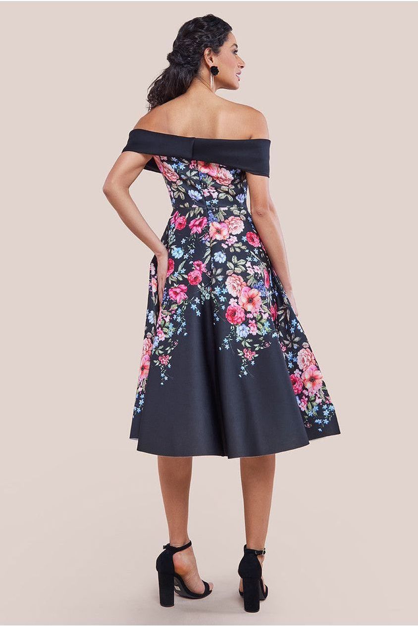 Scuba Foam Floral Bardot Midi Dress - Black DR4302