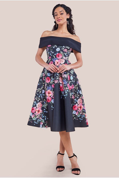 Scuba Foam Floral Bardot Midi Dress - Black by Goddiva