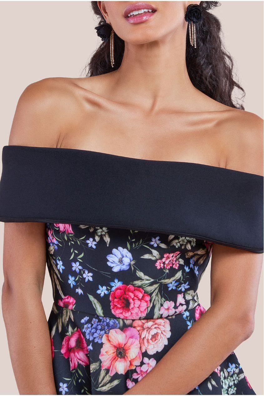 Scuba Foam Floral Bardot Midi Dress - Black DR4302