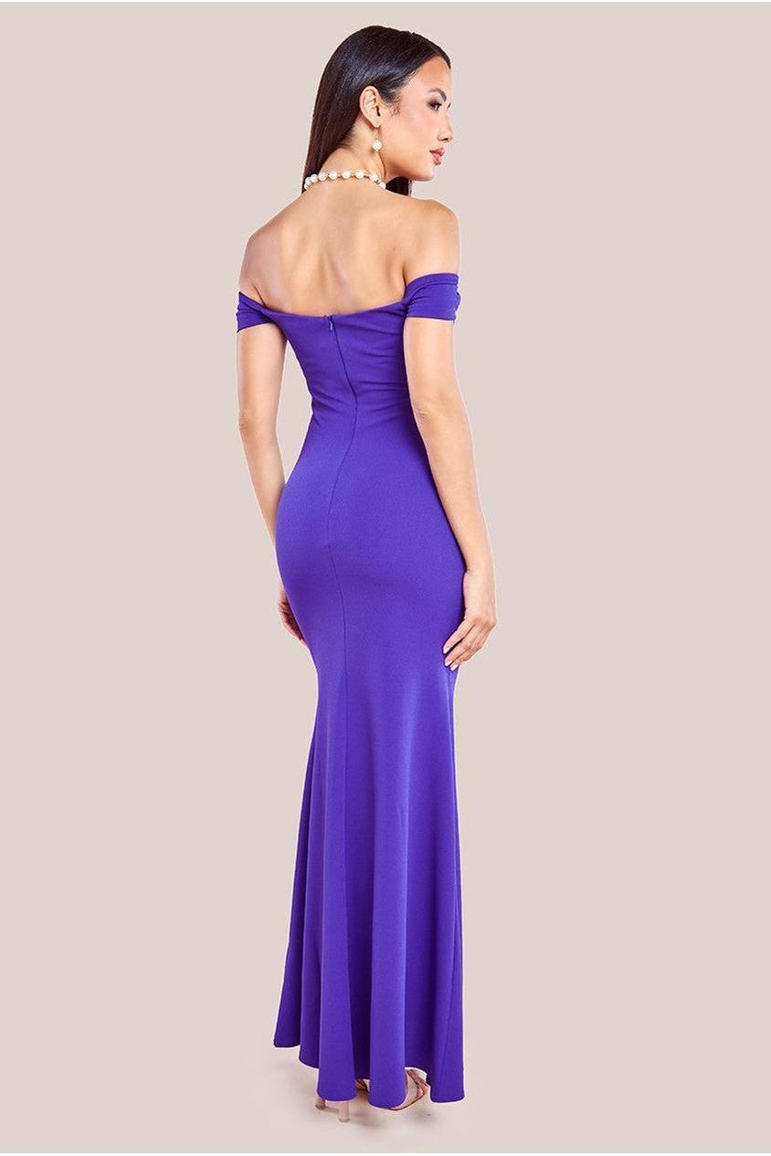 Pleated Bardot Scuba Maxi Dress - Purple DR3648
