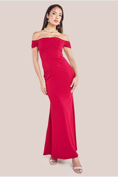 Pleated Bardot Scuba Maxi Dress - Wine by Goddiva
