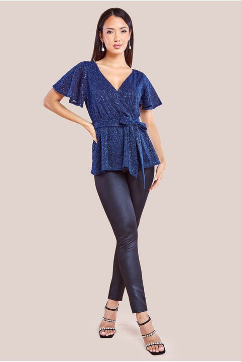 Lurex Flutter Sleeve Wrap Top - Navy by Goddiva