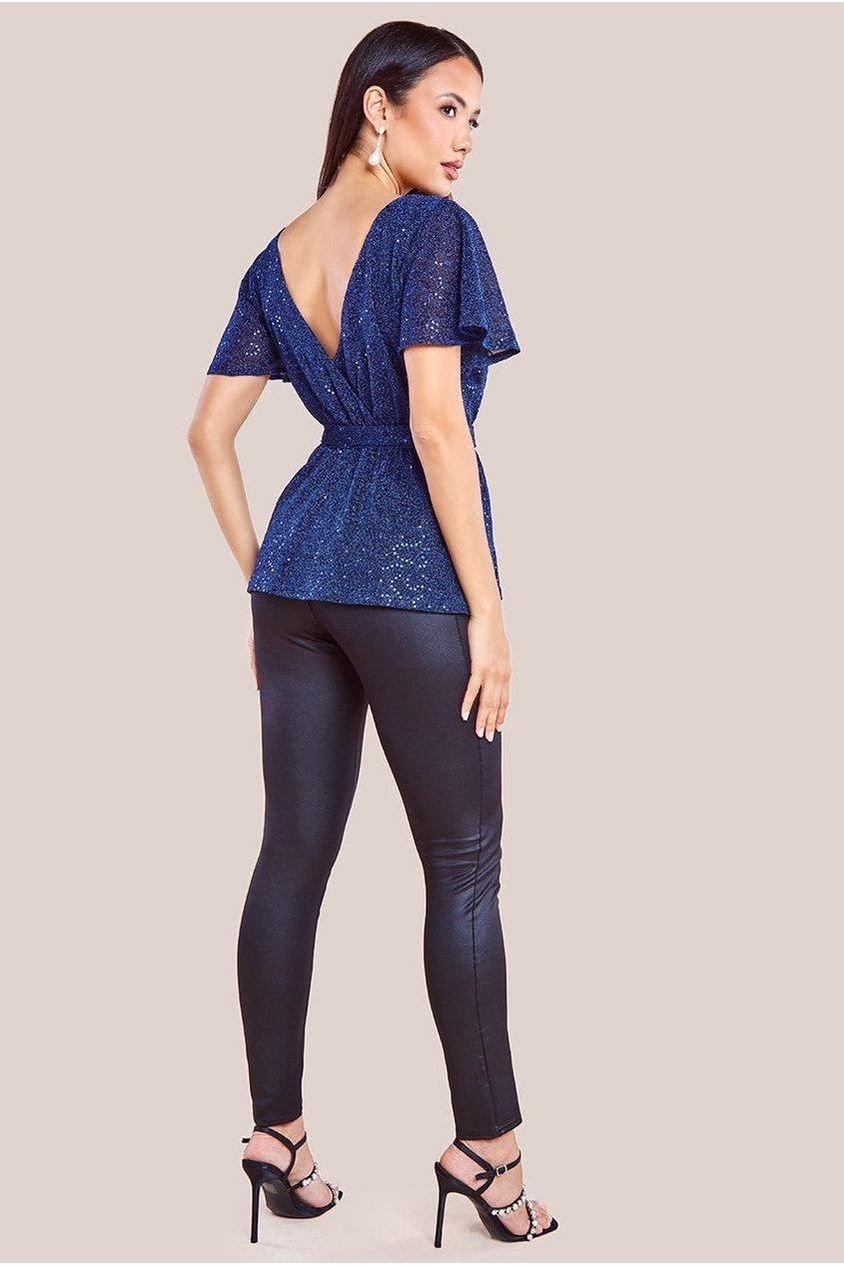 Lurex Flutter Sleeve Wrap Top - Navy T204