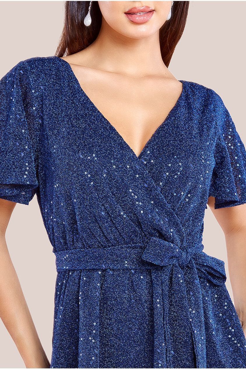 Lurex Flutter Sleeve Wrap Top - Navy T204