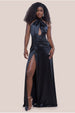 Halter Neck Front Split Satin Maxi Dress - Black by Goddiva