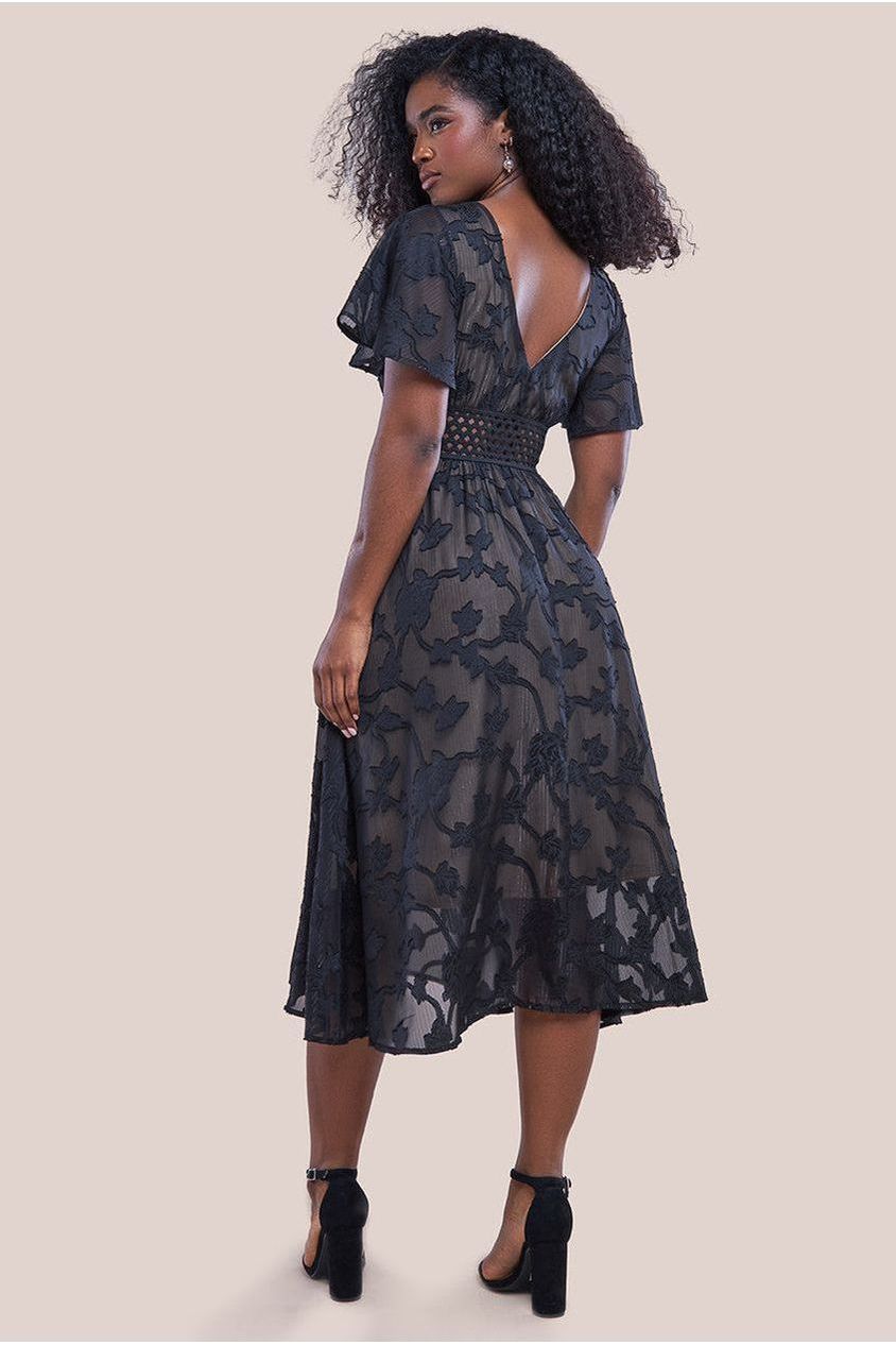 Jacquard Lurex Burnout A Line Midi Dress - Black DR4352