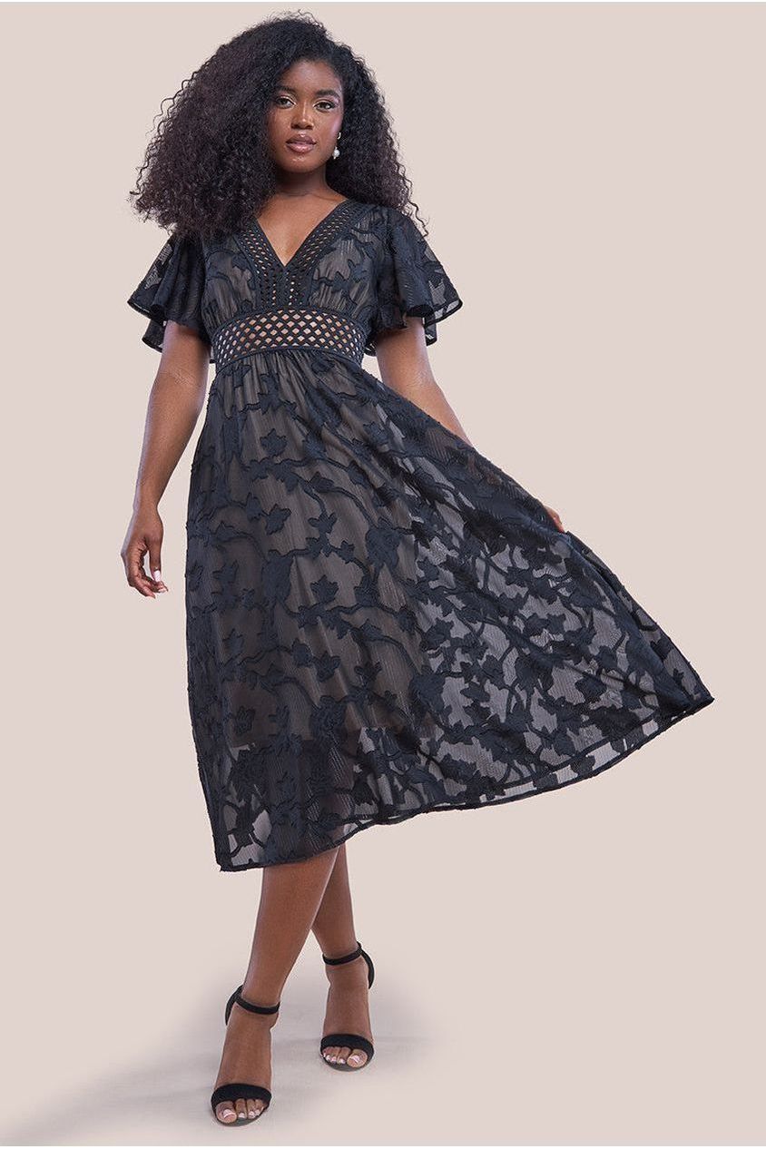 Jacquard Lurex Burnout A Line Midi Dress - Black DR4352