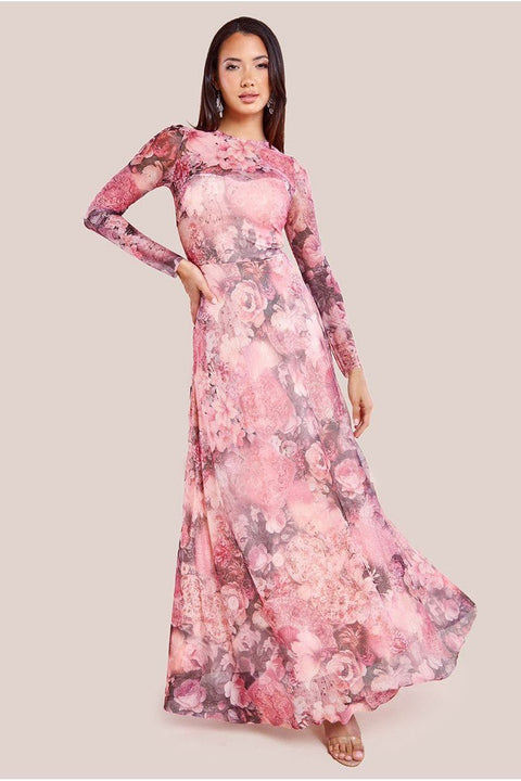 Printed Soft Mesh A-Line Maxi Dress - Blush by Goddiva