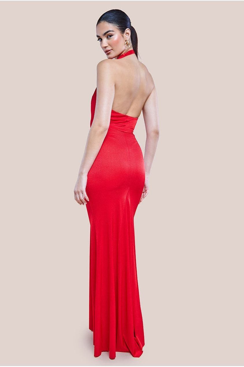 Open Back Cowl Neck Maxi Dress - Red DR4354