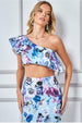 One Shoulder Floral Crop Top - Light Blue by Goddiva