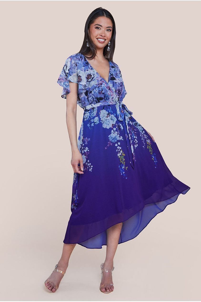 Flutter Sleeve A-Line Chiffon Floral Printed Midi Dress - Royal Blue DR4481