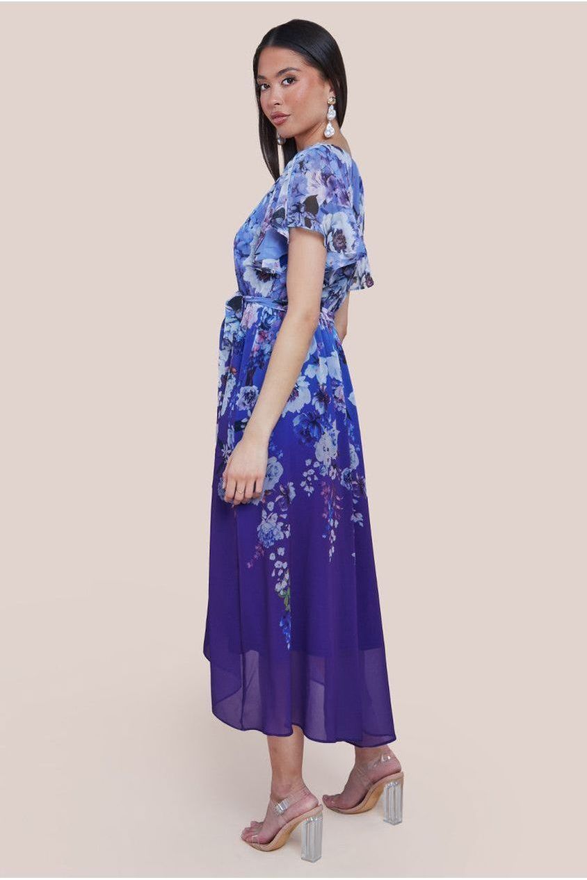 Flutter Sleeve A-Line Chiffon Floral Printed Midi Dress - Royal Blue DR4481