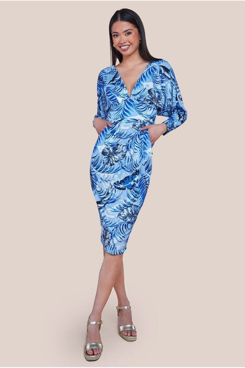 Tropical Print Midi With Batwing Sleeves - Blue by Goddiva