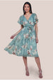 Printed Lurex A-Line Flutter Sleeve Midi Dress - Airforce Blue by Goddiva