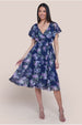 Printed Lurex A-Line Flutter Sleeve Midi Dress - Navy Blue by Goddiva