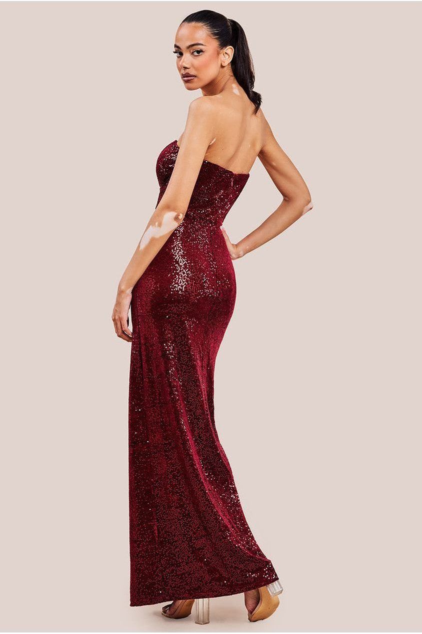 Sequin Velvet Bandeau Maxi Dress - Wine DR3610
