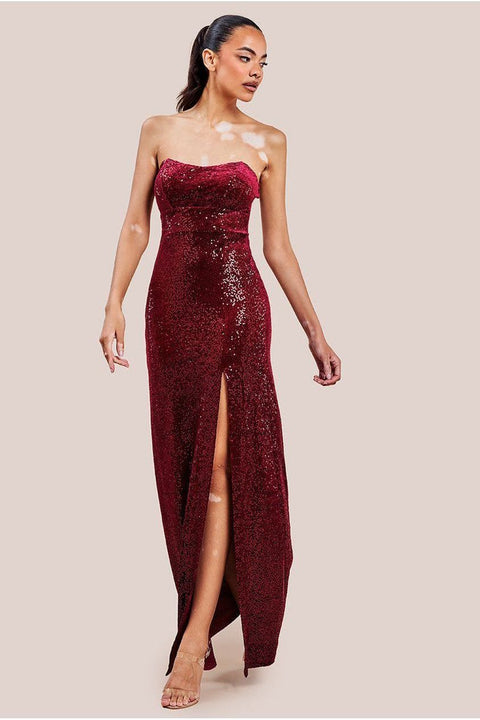 Sequin Velvet Bandeau Maxi Dress - Wine by Goddiva