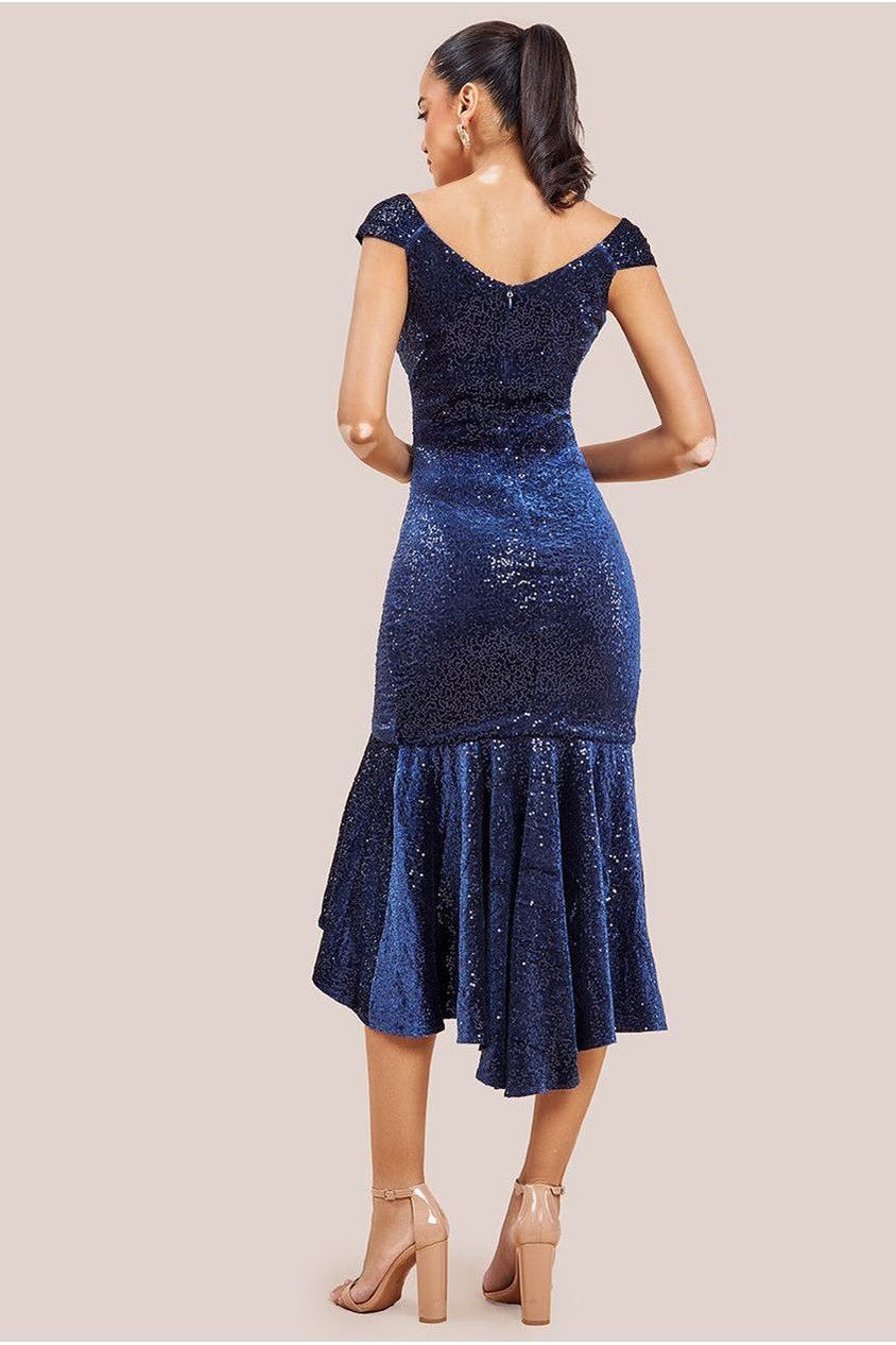 Sequin & Velvet Bardot High Low Midaxi Dress - Navy DR3622