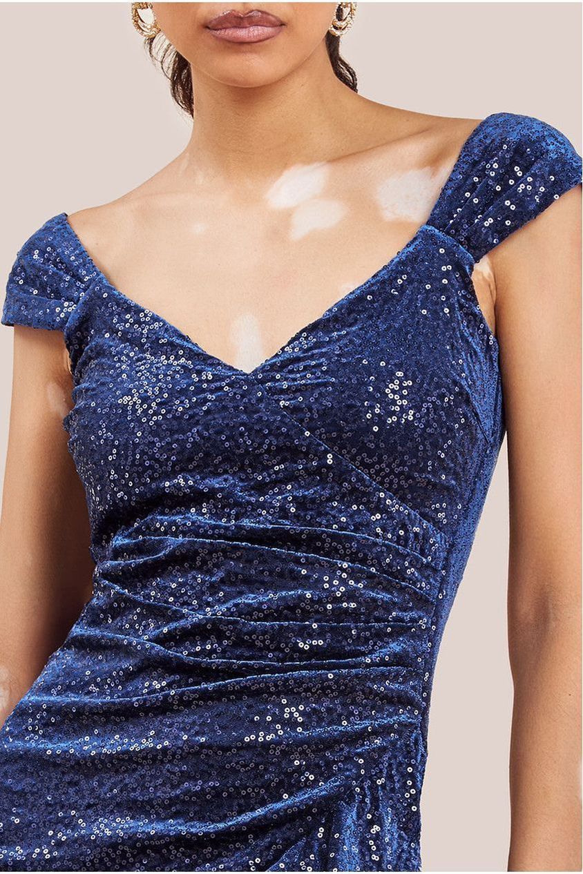 Sequin & Velvet Bardot High Low Midaxi Dress - Navy DR3622