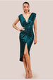Satin Wrap Knotted Midi Dress - Emerald Green by Goddiva