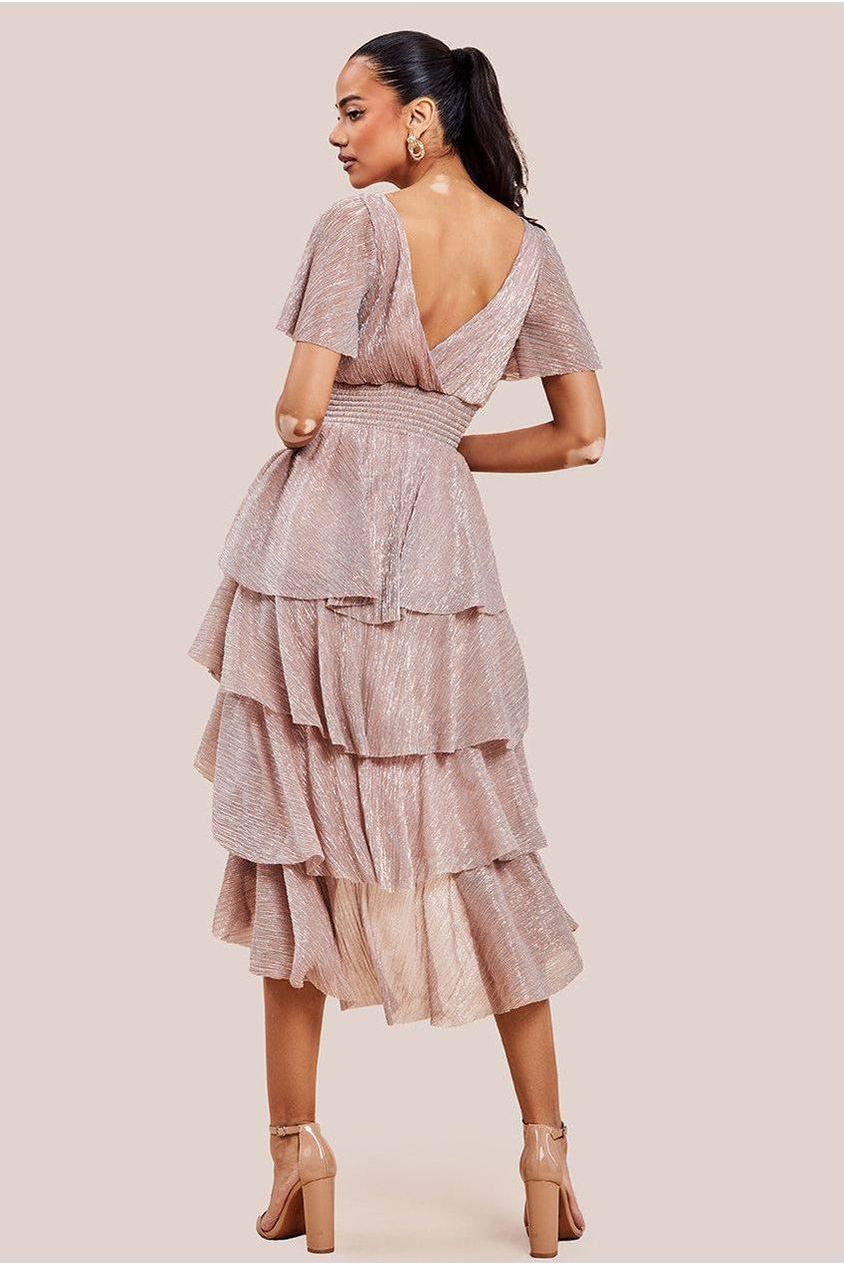 Crinkle Lurex High Low Layered Midi Dress - Blush DR3655
