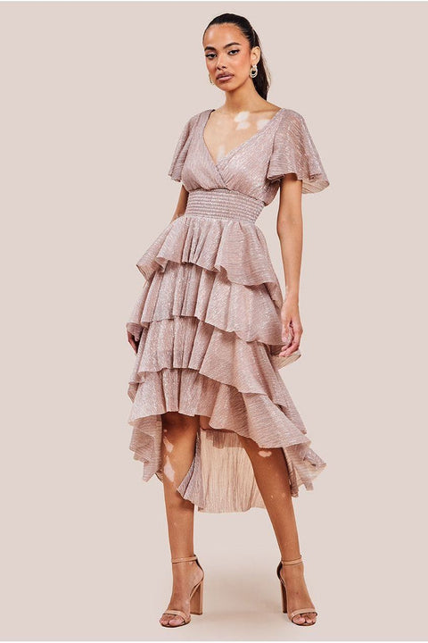 Crinkle Lurex High Low Layered Midi Dress - Blush by Goddiva
