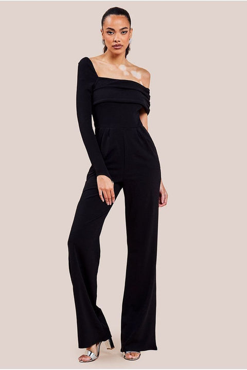 One Shoulder Scuba Jumpsuit - Black by Goddiva
