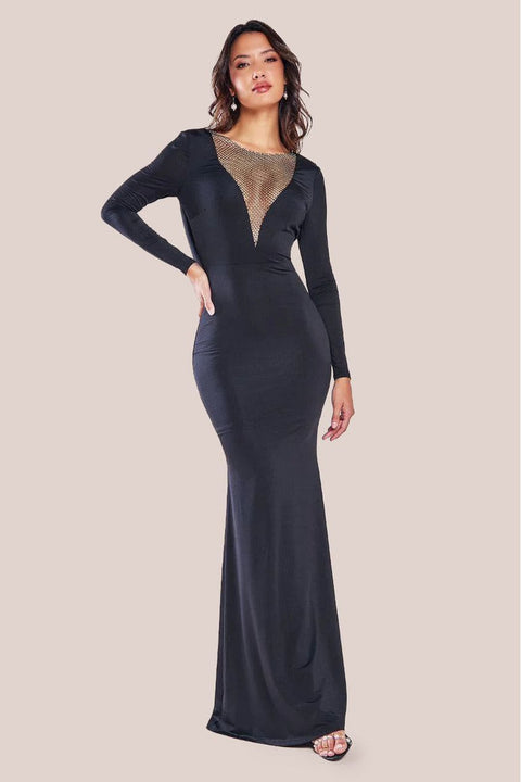 Diamante Fishnet Cowl Back Maxi - Black by Goddiva